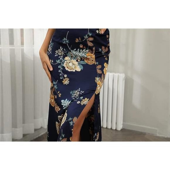 Multi‎ Floral Print Satin Cowl Neck Bodycon Cami Dress Midi Party Cocktail Dress - Picture 5 of 7